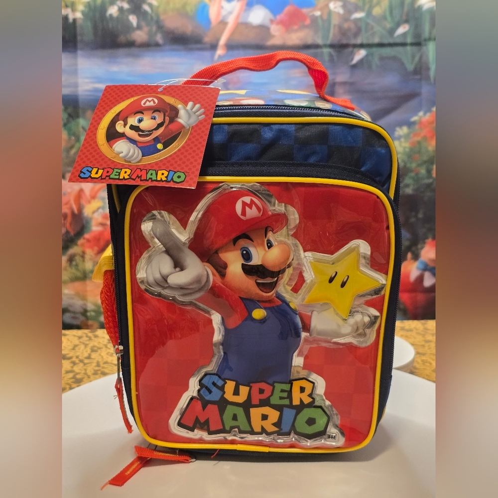 Nintendo Super Mario Bros Kids Reusable Insulated Lunch Bag w/ Mesh Holder ~READ